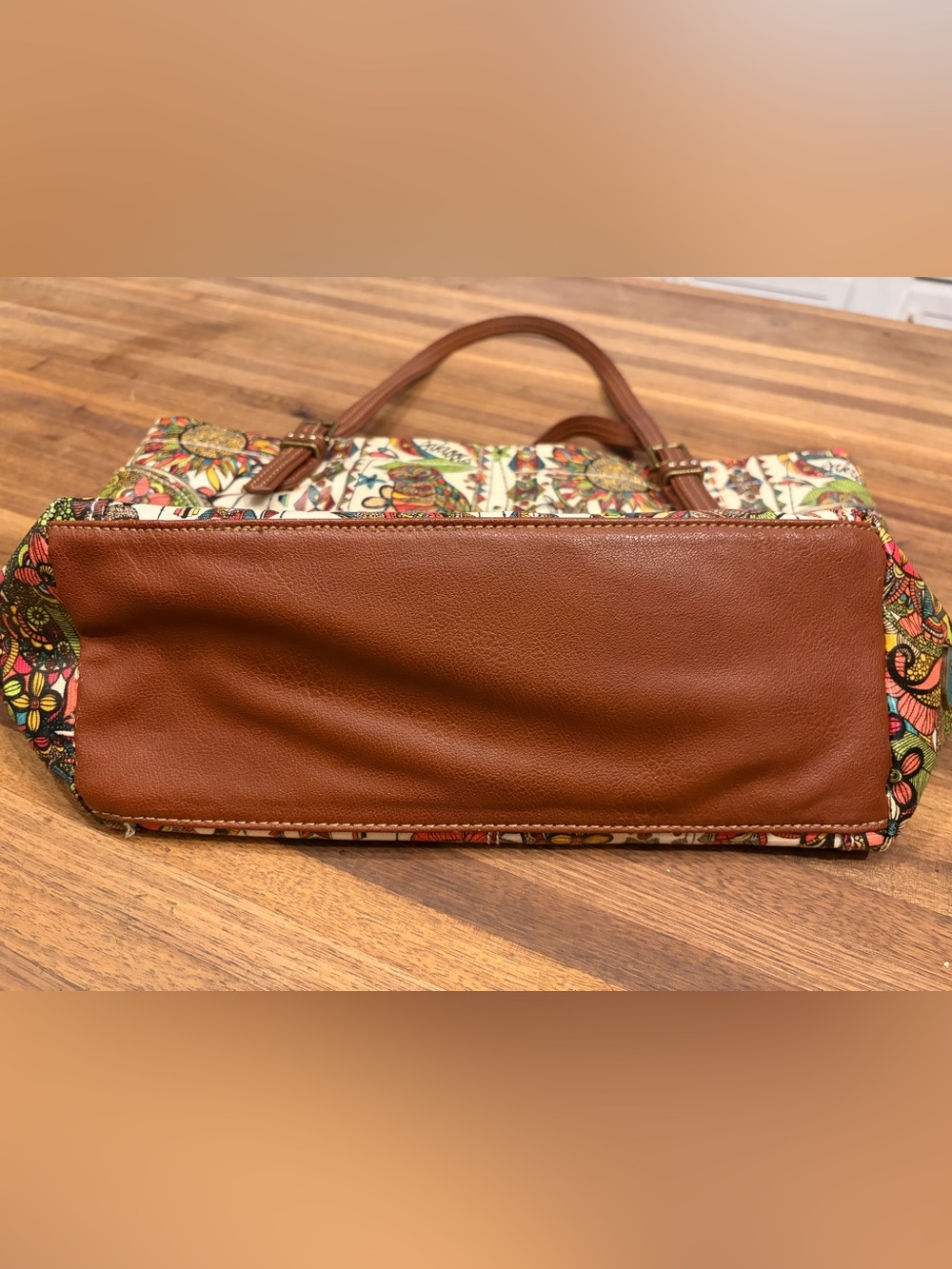 Sakroots Bag Boho Clorful Fun Floral Cream Tote Bag with Brown Handles & charm - Picture 5 of 6